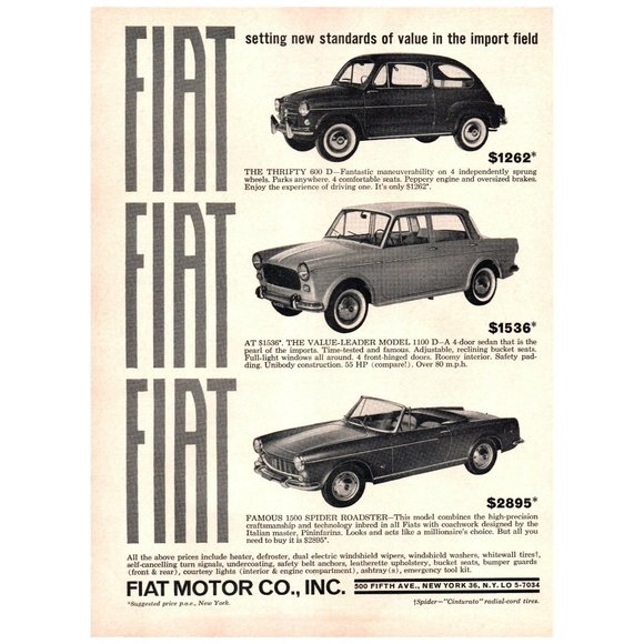 1964 Fiat 600 1100 1500 Spider Roadster Vintage Print Ad Classic Car Wall Art - Picture 1 of 1